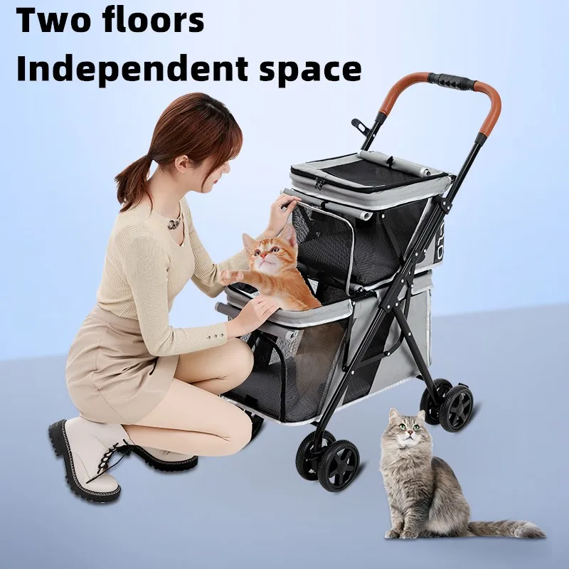 Foldable manufacturer 4 wheels pet stroller for two cat dog breathable pet carrier stroller