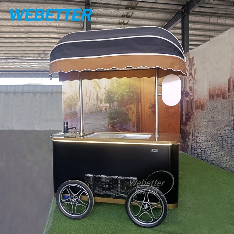 WEBETTER Mobile Small Street Vendor Food Cart Outdoor Gelato Ice Cream Push Vending Cart With Display Freezer