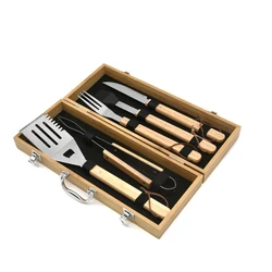BBQ Accessories 5 Piece Stainless Steel Barbecue Grill Utensil Tools Set Bamboo Wooden Handle BBQ Tool Sets with Wood Box Case
