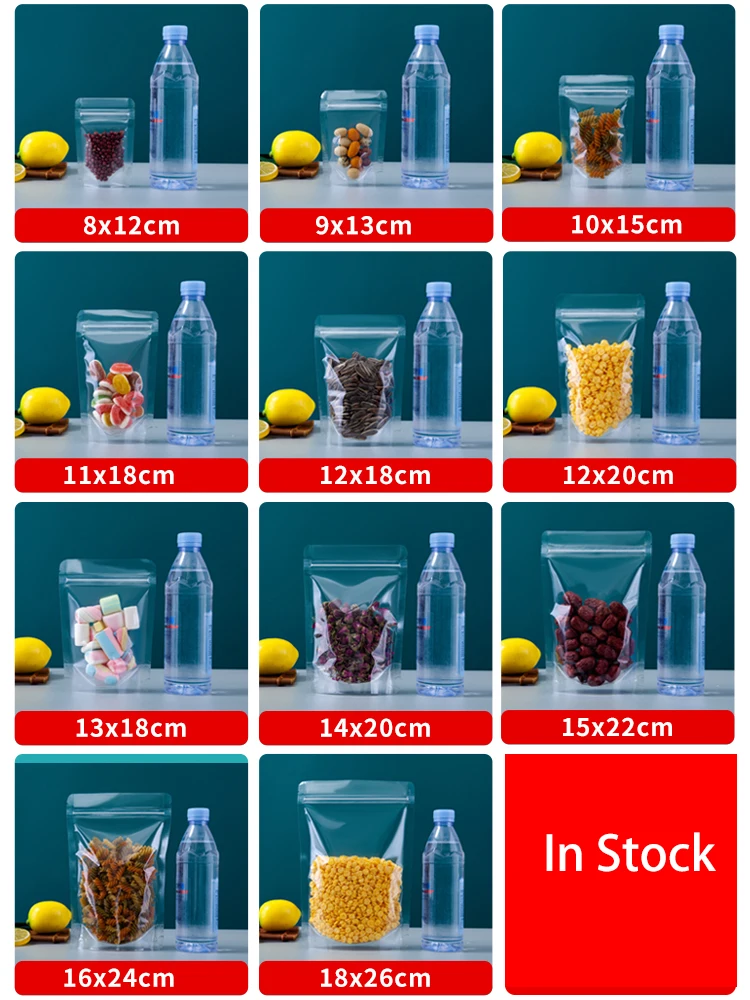 100 pcs Full Clear Stand Up Pouch with Zip Lock Resealable Bag