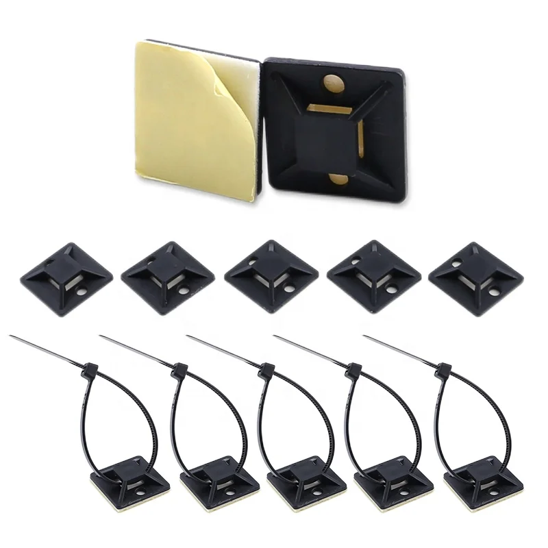25*25mm Black PE PA66 100PCS 1in Self Adhesive Cable Clamp Zip Tie Holder Nylon Screw Fixing Cable Tie Mount Base