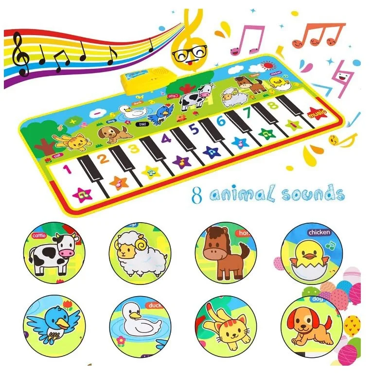 KSF 135x58cm Musical Piano Mat Keyboard Play Mat Portable Musical Blanket Instrument Toy with 8 Animal Sounds Dance Mat