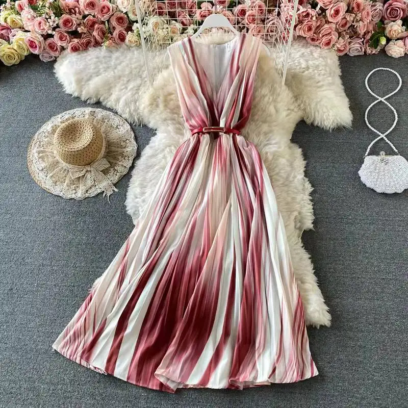 Trending Fashion Long Dress Sleeveless V Neck Tie Die Classy Dress 2021 Women Summer Elegant Formal Evening Dress