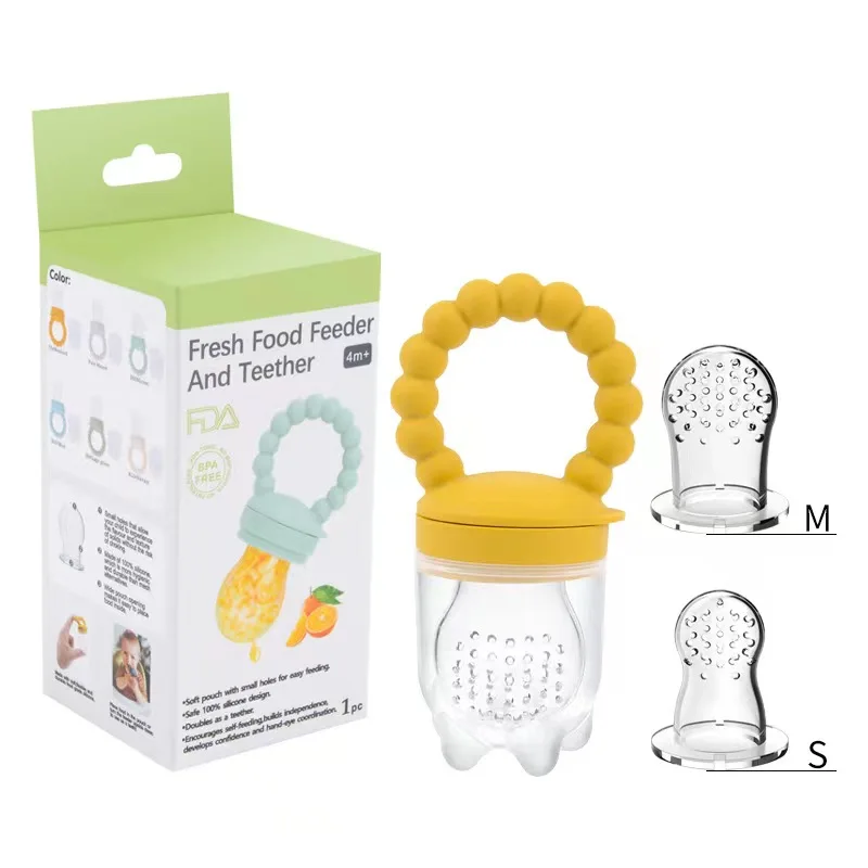 Ama zon Hot Selling Food Grade Silicone Colorful Baby fresh fruit pacifier Feeder with 2 extra teats in printed box
