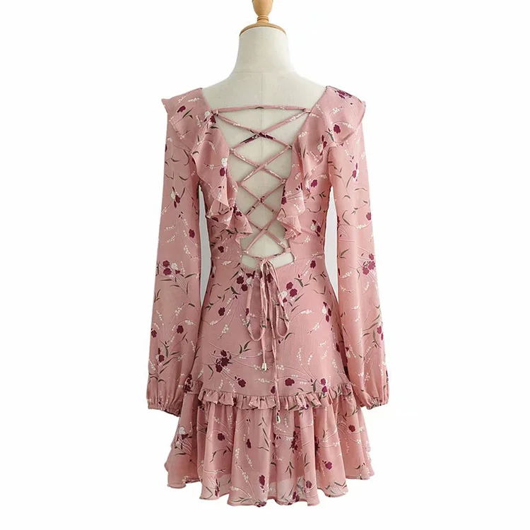 Women Frill Floral Printed Floral Chiffon Dresses Bohemian Style Women Dresses Casual Summer Ladies Dresses