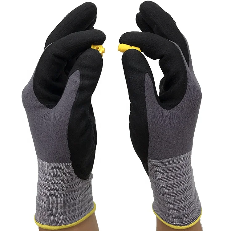 custom logo worker hand protection construction safety 15G nylon spandex sandy nitrile glove for work men
