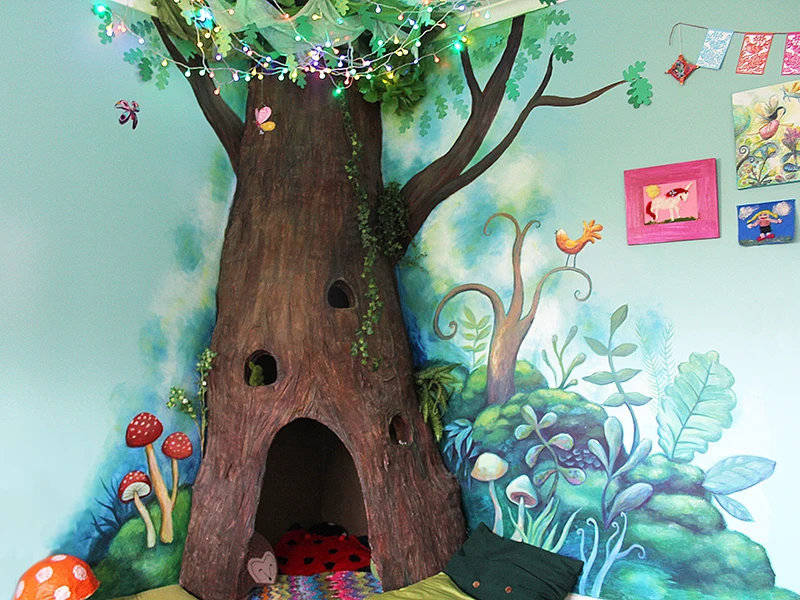 Stylized indoor or outdoor kid amusement park artificial plastic fiberglass wooden tree house