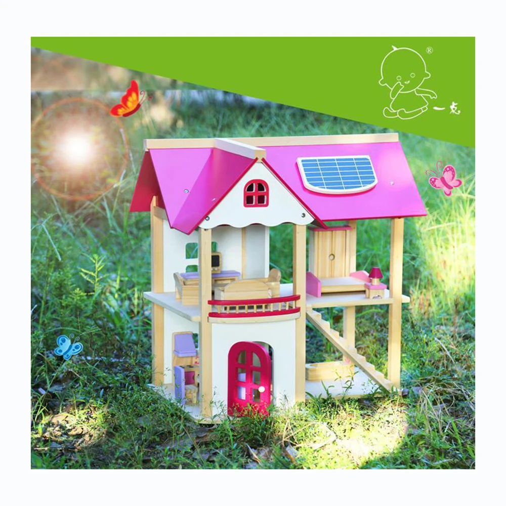 Wooden pink Dream Villa Dollhouse With Furniture
