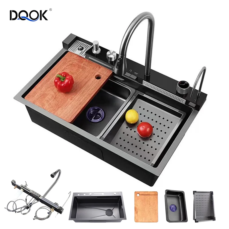 Digital Waterfall Kitchen Sink with Whole Set Accessories SUS304 Stainless Steel Durable Multi Function Single Big Bowl