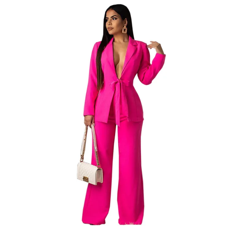 Fashion Women Slim Suit Solid Color Loose Waistband Two Piece Set Office Formal Ladies Suits Women Suits