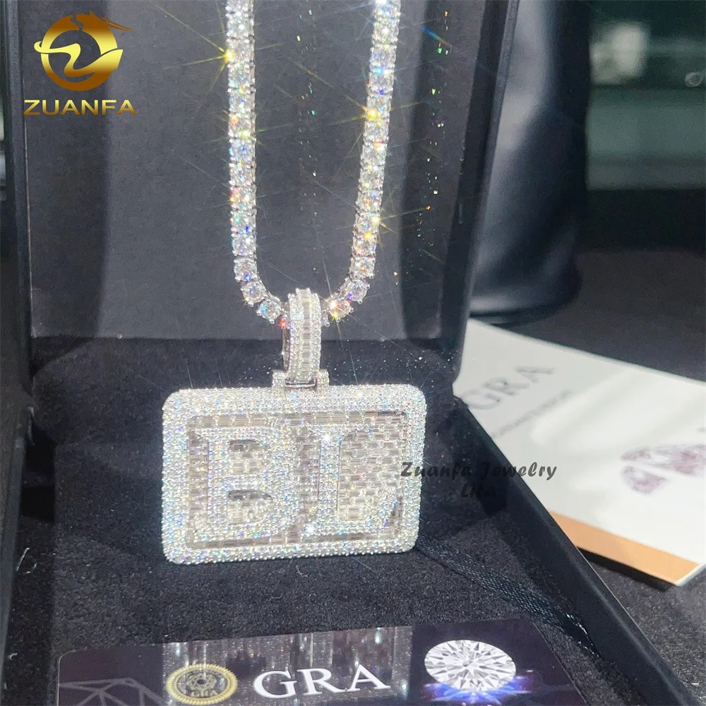 Custom Rectangle Pendants Iced Out Letter Baguette Diamond Hip Hop Men 925 Sterling Silver Moissanite Pendant