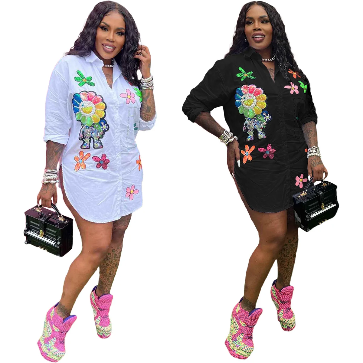 2024 fashion women clothing long sleeves beaded v neck flora print ol office ladies cute elegant blouse shirt