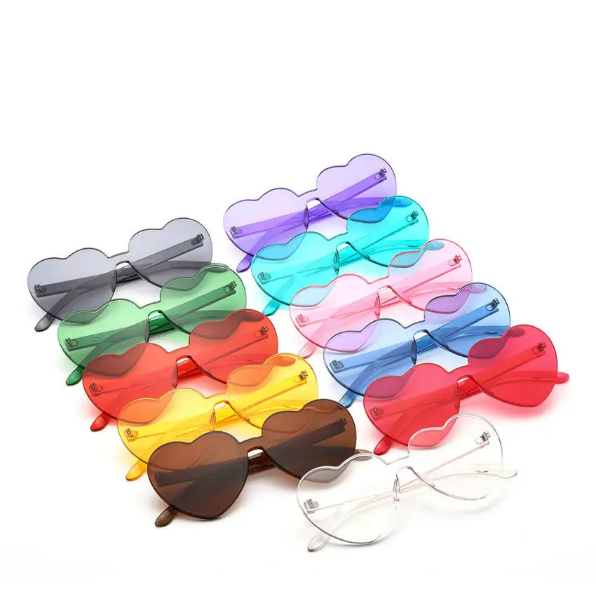 Hot Selling Custom Frameless Lens Eyewear Candy Color PC Rimless Sun Glasses New Trendy Loving Heart Shape Sunglasses Women
