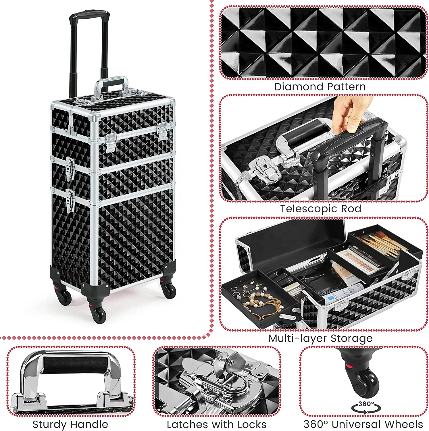 Rolling Makeup Train Case 3 in 1 Cosmetic Case Professional Makeup Suitcase Large Aluminum Cosmetic Trolley with Swivel Wheels