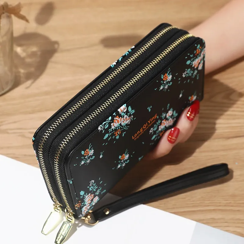 Fashion Flower Wrist Handle Phone Money Pocket Pouch Wallets PU Leather Ladies Purse for Women Long Wallets