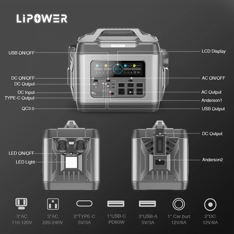 Lipower 1000w 1200w 2000w 2200w 3000w Power Supply Lifepo4 Battery Portable Solar Power Station