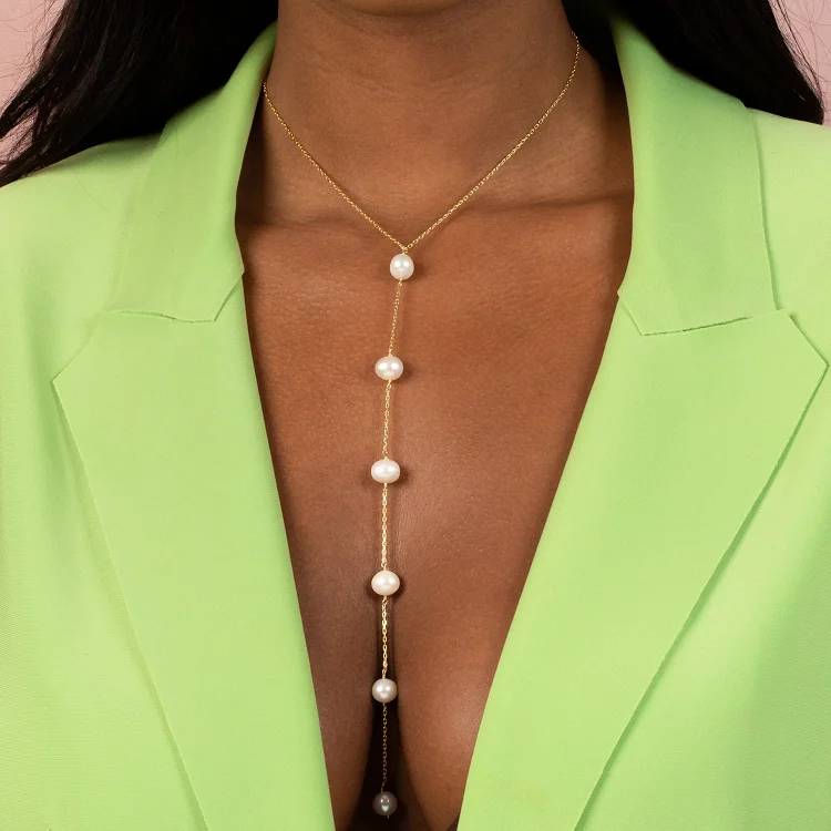 Delicate sterling silver 18k gold plated natural freshwater long y shape barque pearl necklace