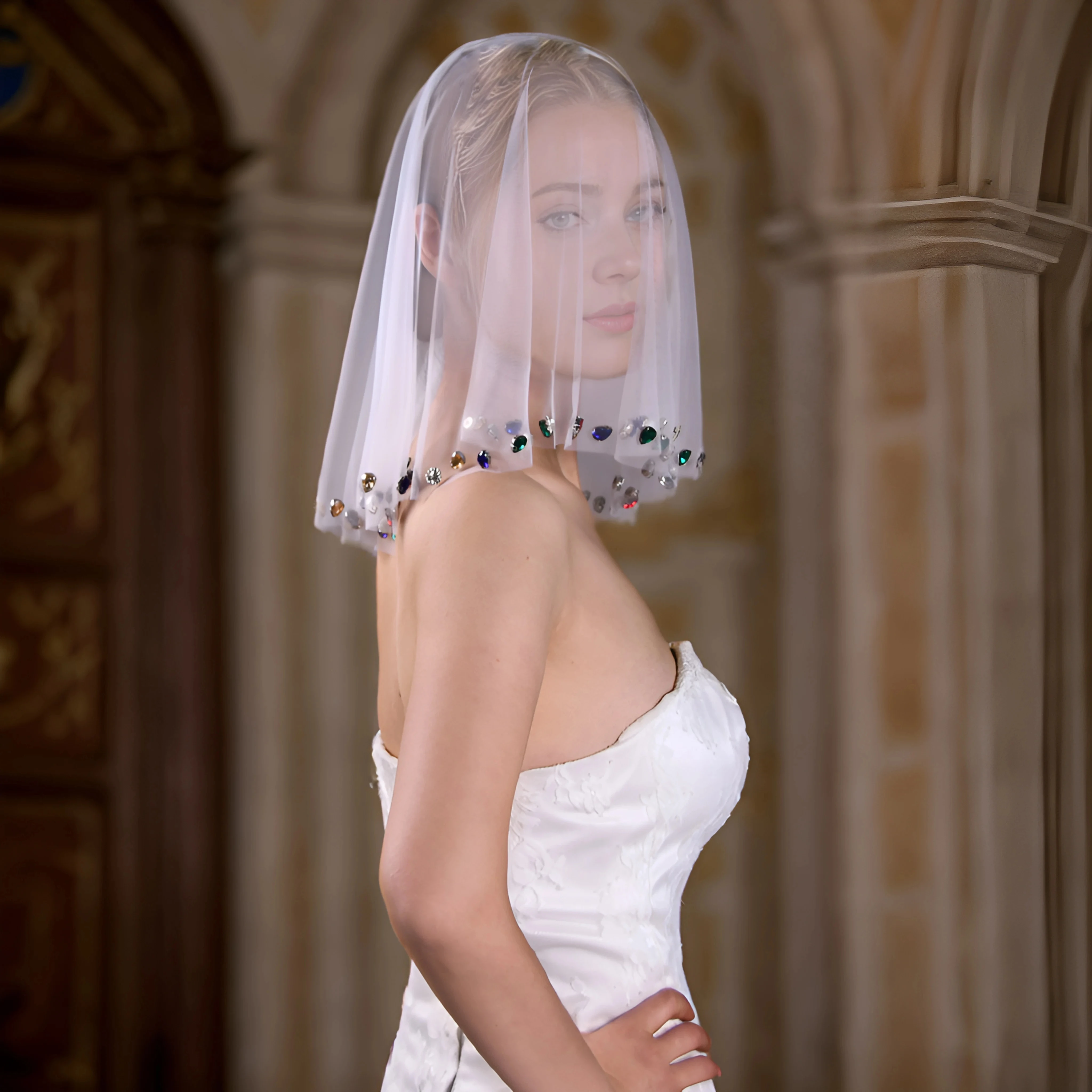 LUOXIN Sparking Colored Stone Wedding Veil Short Bridal Detachable Blusher Veil Cover Face Bridal Veil