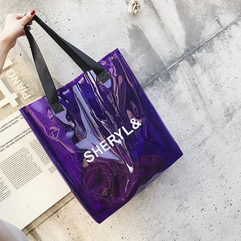 Fashionable Neon Black Custom Logo Transparent Waterproof Beach PVC Shopping Tote Bag