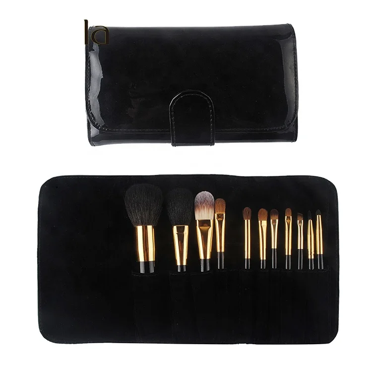 Custom Private Label 11 PCS Natural Hair Wood Handle Eyeshadow Foundation Cosmetic Make Up Brush Set With Leather Bag