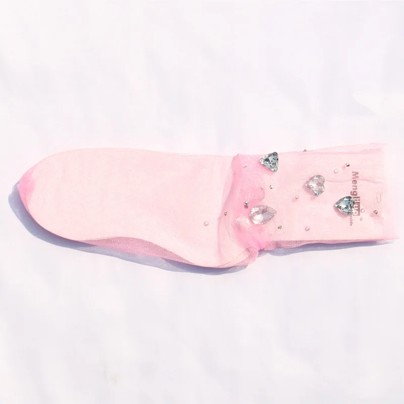 Transparent lace Breathable Crew Ladies Socks Star Sparkling Rhinestone Heart Shaped Lace Mesh Socks For Girls