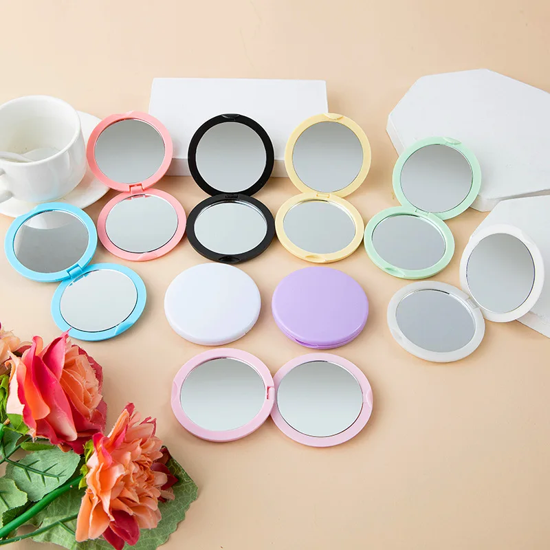 Personalised Fashionable White Round Plastic Cosmetic Double Side Fold Portable Makeup Compact Pocket Mirror