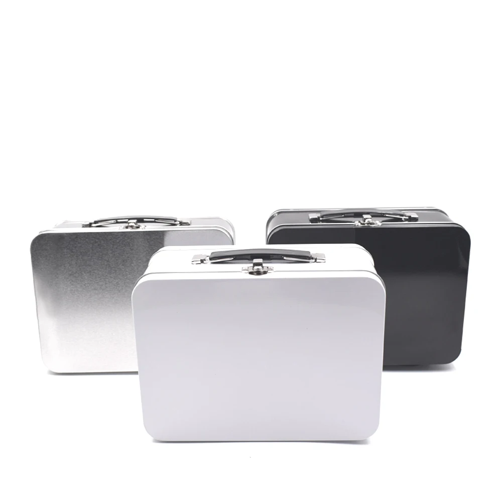 
White Plastic Handle Lunch Tin Metal Box 