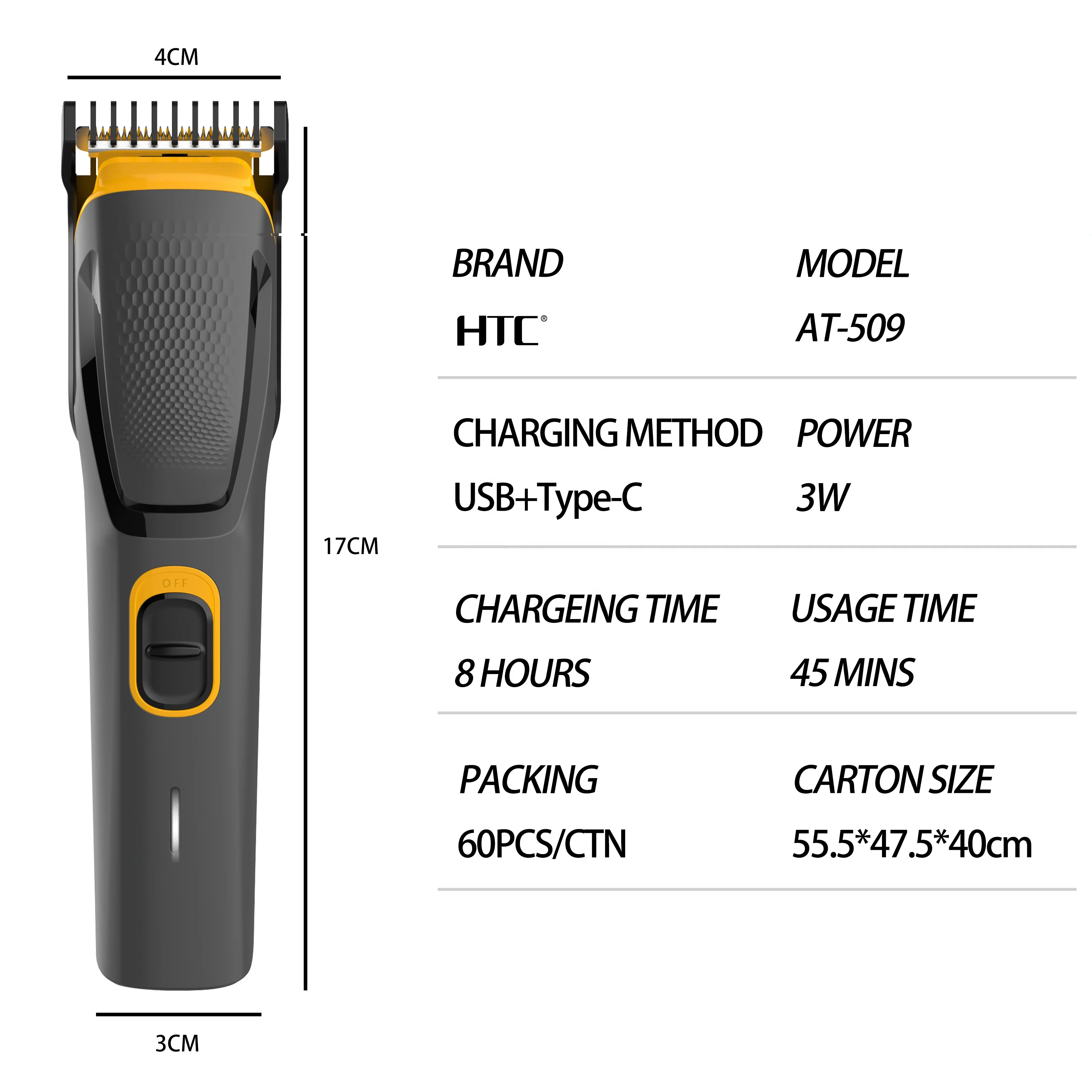 HTC AT-509 Rechargeable Hair Trimmers Men Beard Trimmer Type-C charge with Rounded combs