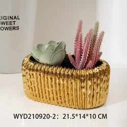 Luxury cheap fancy home decoration rectangle shape nordic gold-plated ceramic garden pot table flower pots wholesale