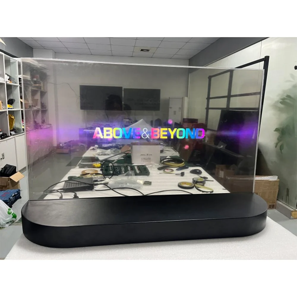 Transparent oled display oled screen kiosk with double sided design and slim design