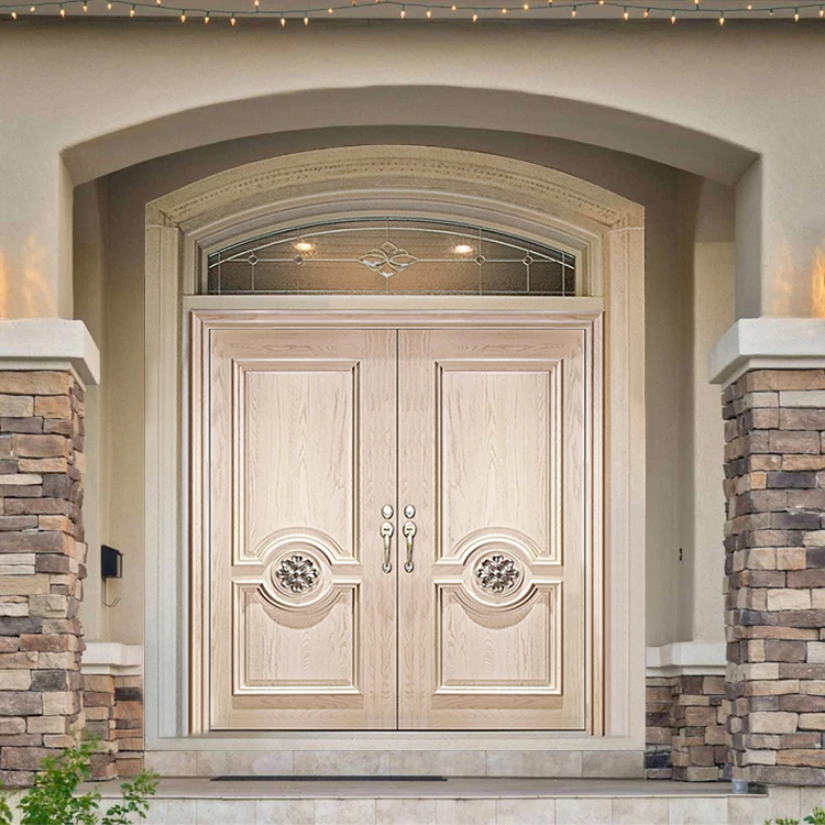 Factory price house villa front entry round arch top glass wooden door design exterior arched cherry solid wood double doors