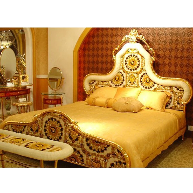 Luxury Gold Painting Bed, Antique 24K Gold Leaf Carved Bedroom Set, Palace Design Sheet Metal Bedroom Furniture Set KR9238