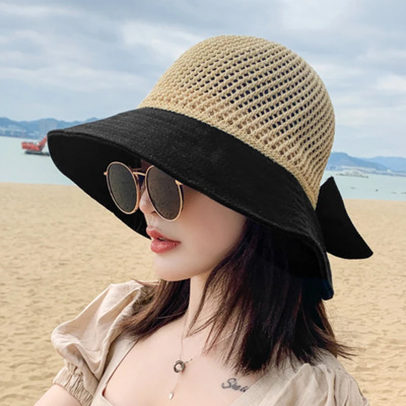 Fashion Hollow Sun Visor Hat Women Summer Crochet Straw Hat Beach Travel Floppy Bowknot Cap Folding Wide Brim Mesh Straw Hat