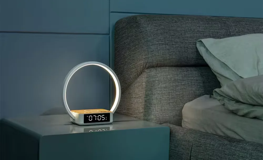 LED Wake up Light With Alarm Clock and Calendar Modern Bedside Snooze Function Wireless Charger 10W 12v Night Lamp