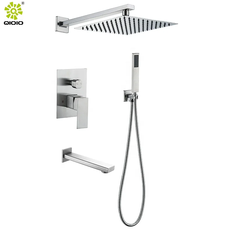Brushed nickle Three function concealed wall hot cold water mixer taps shower set