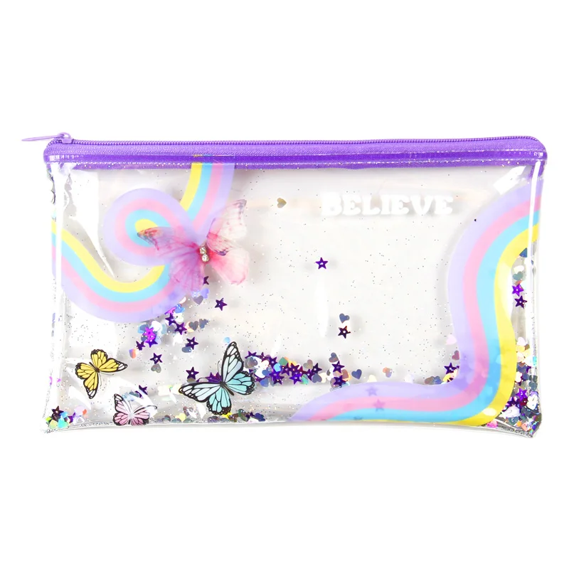 Sparkling PVC Pencil Case with Colorful Butterflies and Stars, Transparent Stationery Pouch for Kids and Teens