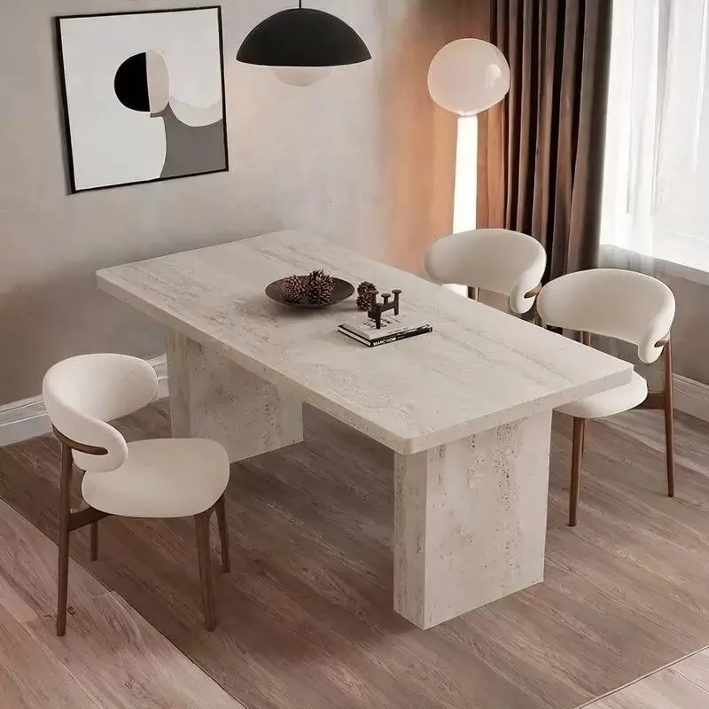 Natural Beige Travertine Dining Table Stone Furniture Rectangle Stone Table Top Marble Concrete Table