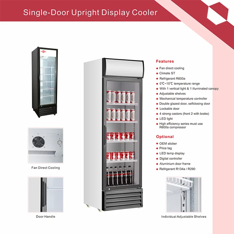 Commercial Beverage Fridge Single Door Upright Display Refrigerator Bar Fridge Beer Cooler Pepsi Cola Showcase Refrigerator