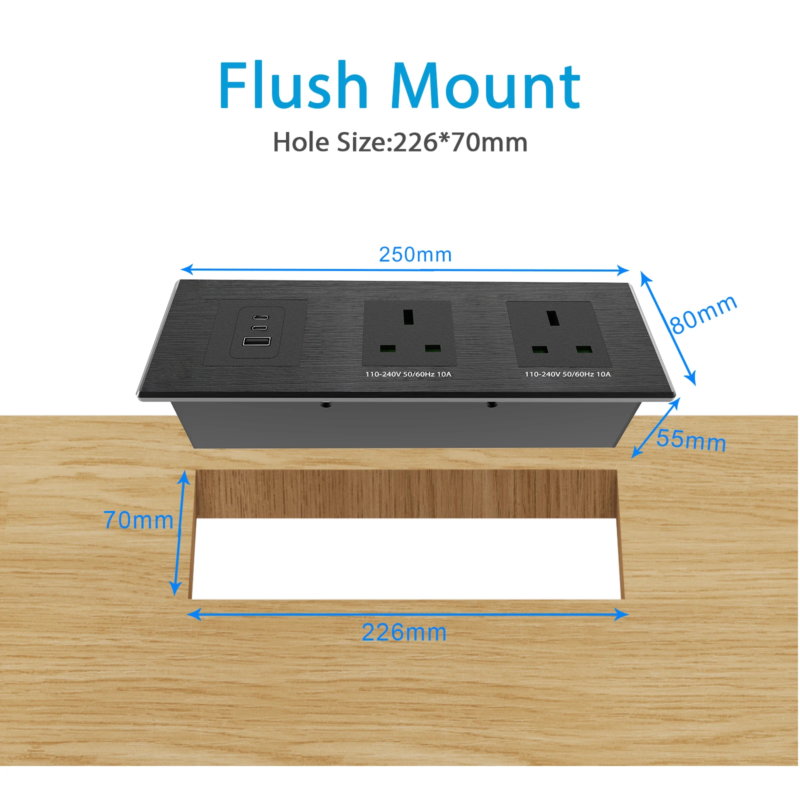 Multifunctional Uk Recessed Wall Plug Mounted Power Outlet 65W Desktop Surge Protector Power Strip Socket Office Desk USB Socket
