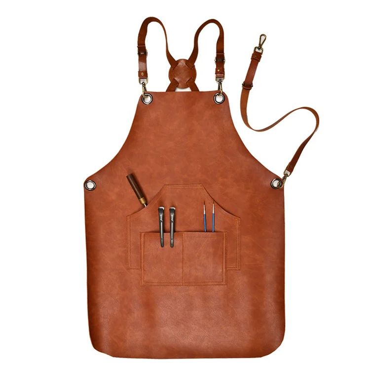 Vintage Cowhide Leather Pockets Waterproof  Barbecue Cooking Chef Kitchen Apron Gardening Tool Aprons