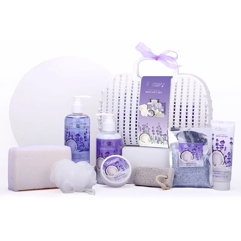 2023 Good quality women beauty natural lavender shower gel shampoo bath salt bath spa gift set with basket