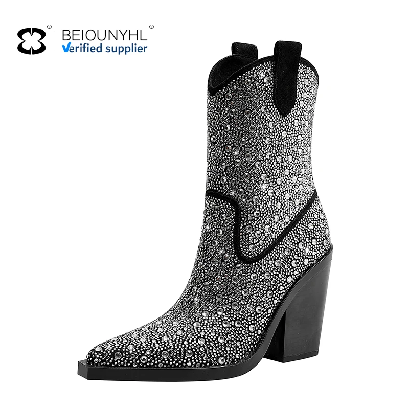 2024 New Ladies Rhinestone Western Pointed Toe Wedge Heel Ankle Boots Women Shoes Black Suede Block Heel Wide Calf Booties