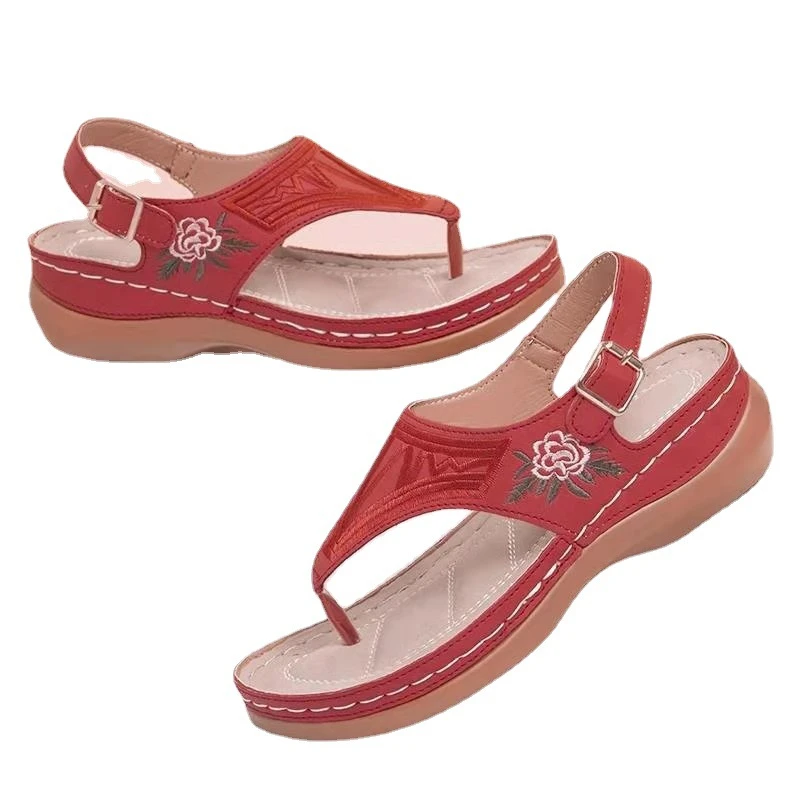 Fashion Trend Light Weight Anti-slip Outdoor Waterproof Pu Flip Flop embroider light weight Women Sandals