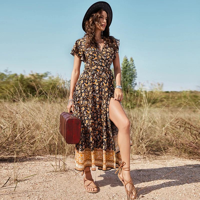 Casual Floral Print Bohemian Dresses Women Sexy A-Line Boho Long Dress Picnic Vacation Sunny Beach Chiffon Maxi Dresses