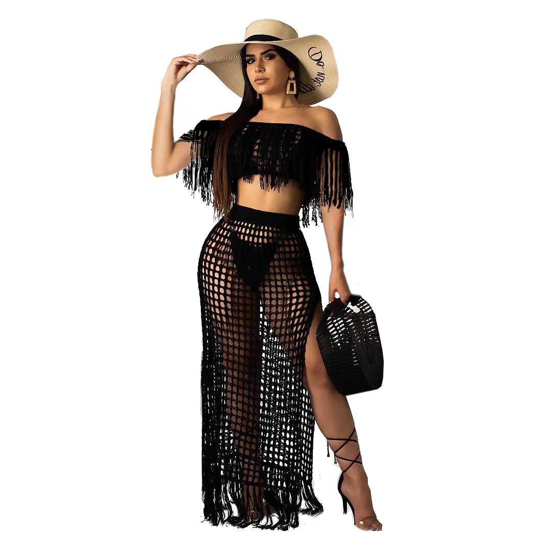 Wholesale Fashion Women Sexy Hollow Out Handmade Crochet Two Piece Skirt Set Hot Crop One Shoulder Tassel Tube Beach Skirt Sets