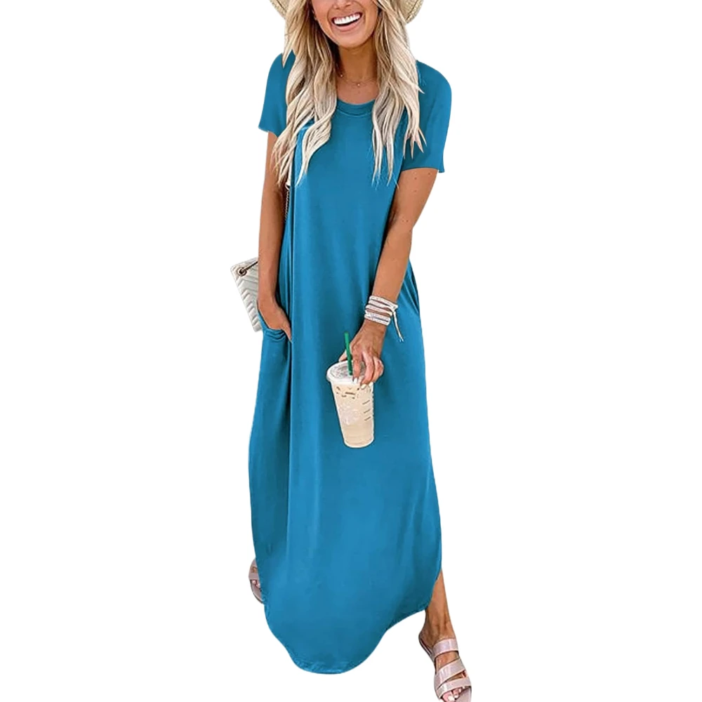 Women Summer Casual Loose Short Sleeve Long T Shirt Dress Split Maxi Beach Sundress Travel Vacation Outfits
