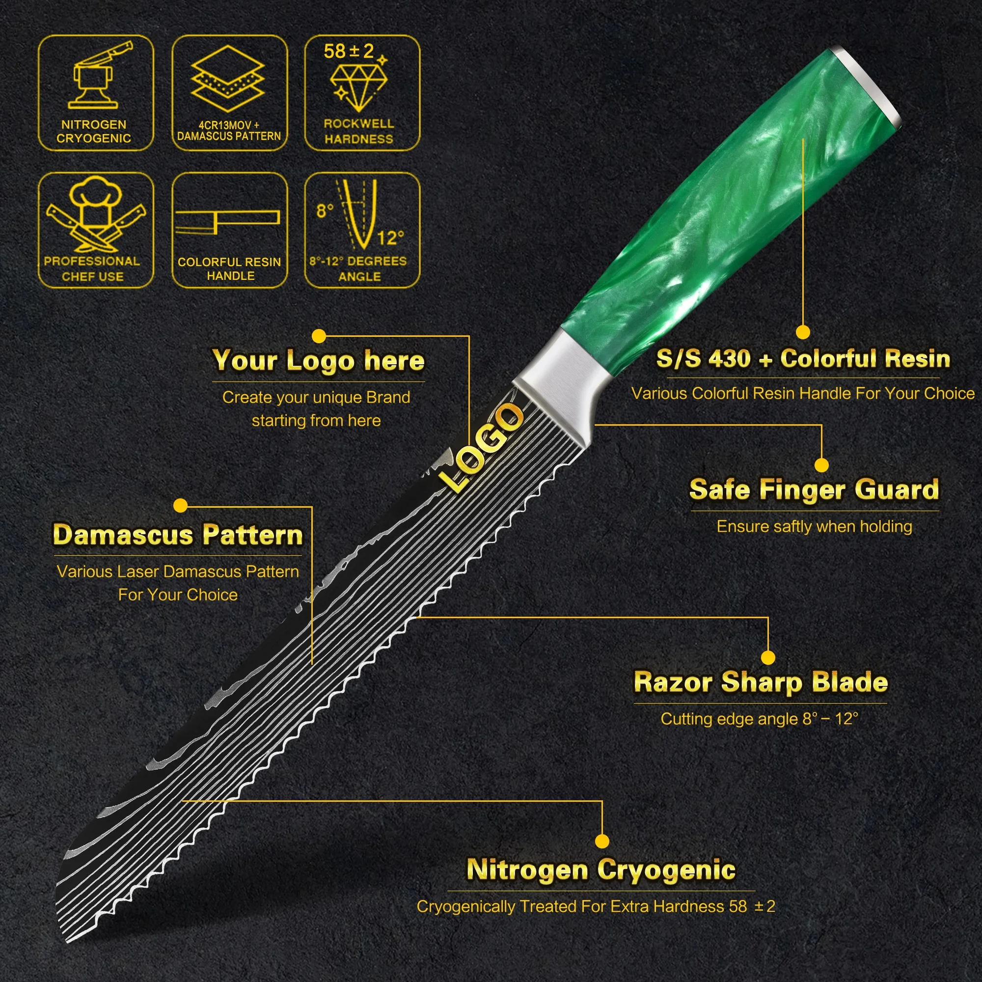 Профессиональный дамасский нож для хлеба из высокоуглеродистой нержавеющей стали с зеленой ручкой смолы логотипом на заказ скидка 10% 8 дюймов