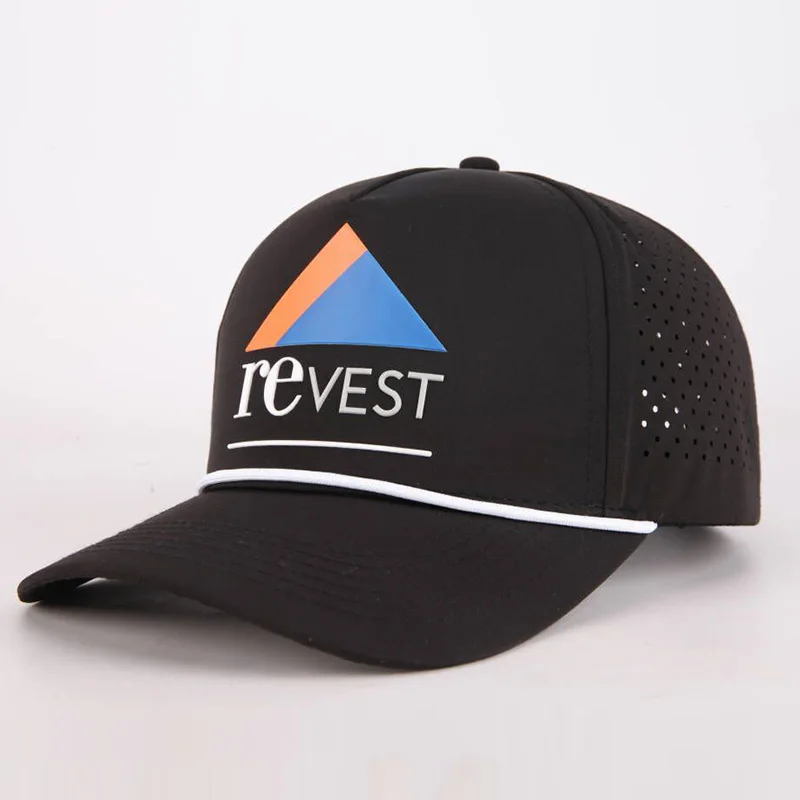 Custom 5 Panel Rubber Patch Perforated Laser Cutting Hole Drilled Baseball Hat Waterproof Sport Cap Trucker Hat