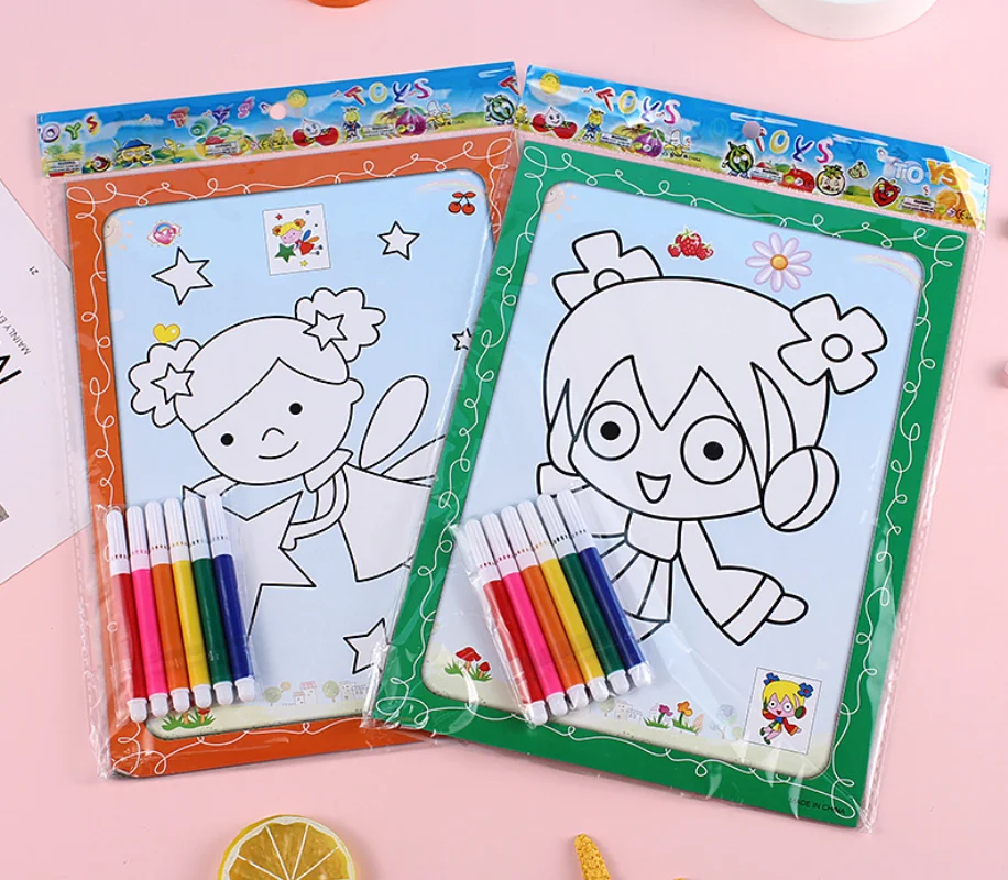 Customized Watercolor painting book early childhood coloring puzzle graffiti paper sheet with pens