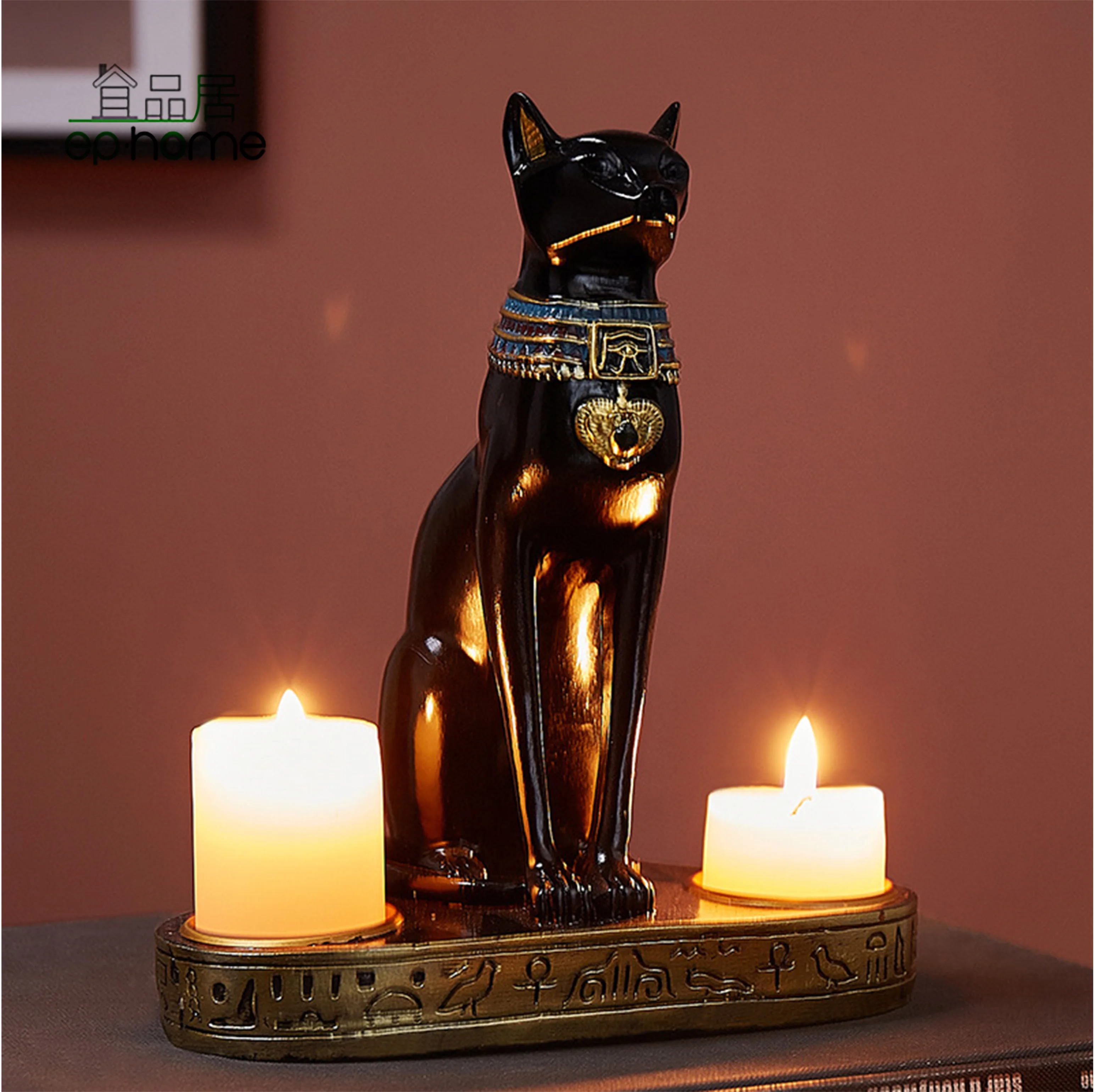 Ancient Egypt Egyptian Bastet Cat Goddess Statue Collectible Figurine Bastet Cat Sculpture with 2 Tea Light Candle Holder